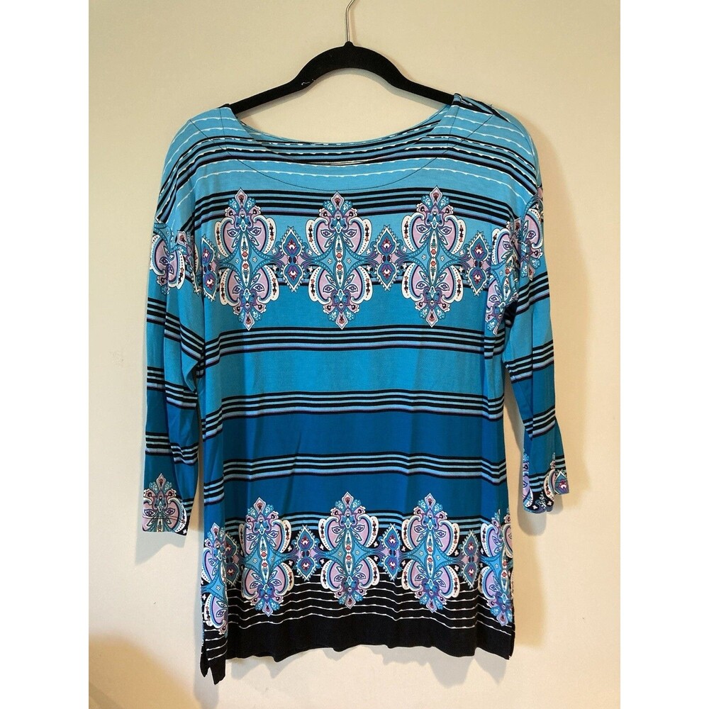 Dana Buchman Long Sleeve Top Blues/Pinks/Black Size Small EUC